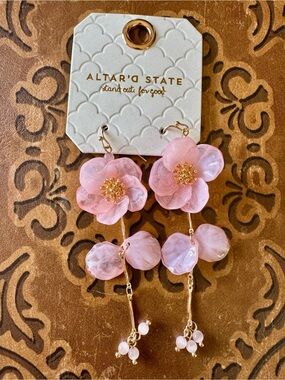 Altar'd State Blush Pink Floral Drop Earrings with Gold Accents